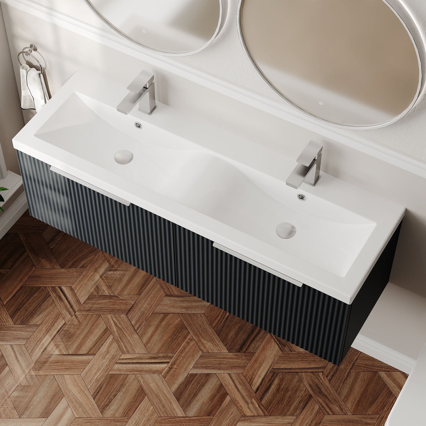 Hudson Reed Fluted 1200mm Wall Hung Soft Black 2-Drawer Vanity Unit with Double Basin