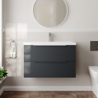 Balterley Fluted Wall Hung 2 Drawer Vanity Basin Unit with Ceramic Basin 800mm - Dark Grey