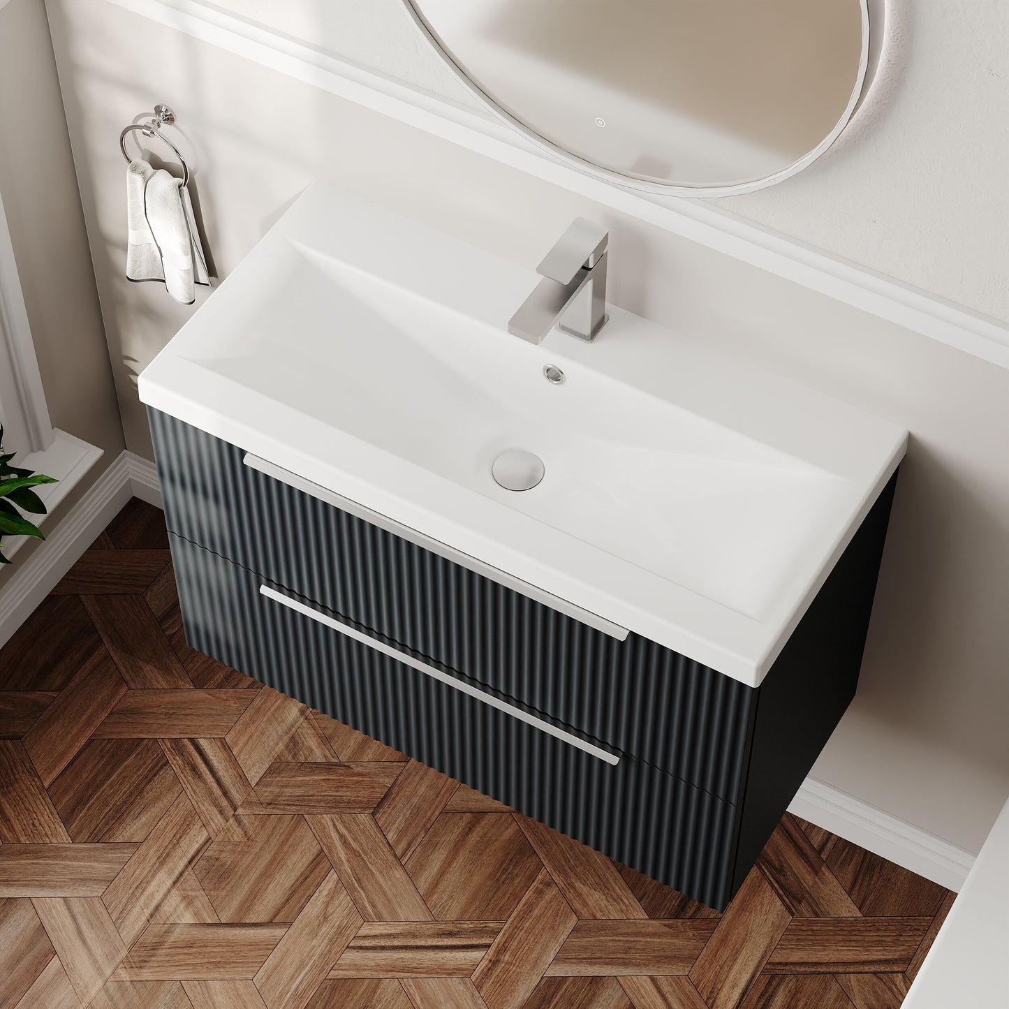 Balterley Fluted Wall Hung 2 Drawer Vanity Basin Unit with Ceramic Basin 800mm - Dark Grey
