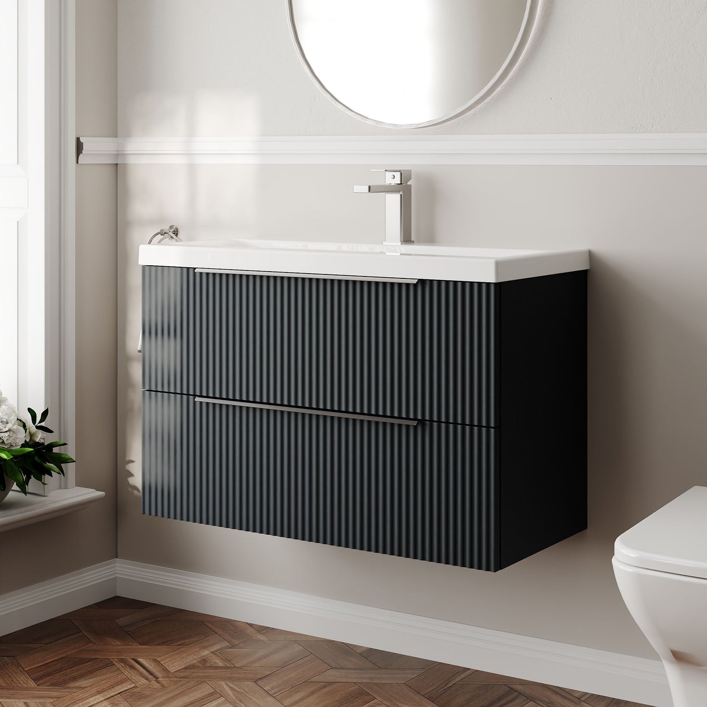 Balterley Fluted Wall Hung 2 Drawer Vanity Basin Unit with Ceramic Basin 800mm - Dark Grey