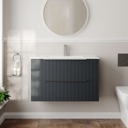 Hudson Reed Fluted 800mm Soft Black Wall Hung 2-Drawer Vanity Unit With Basin