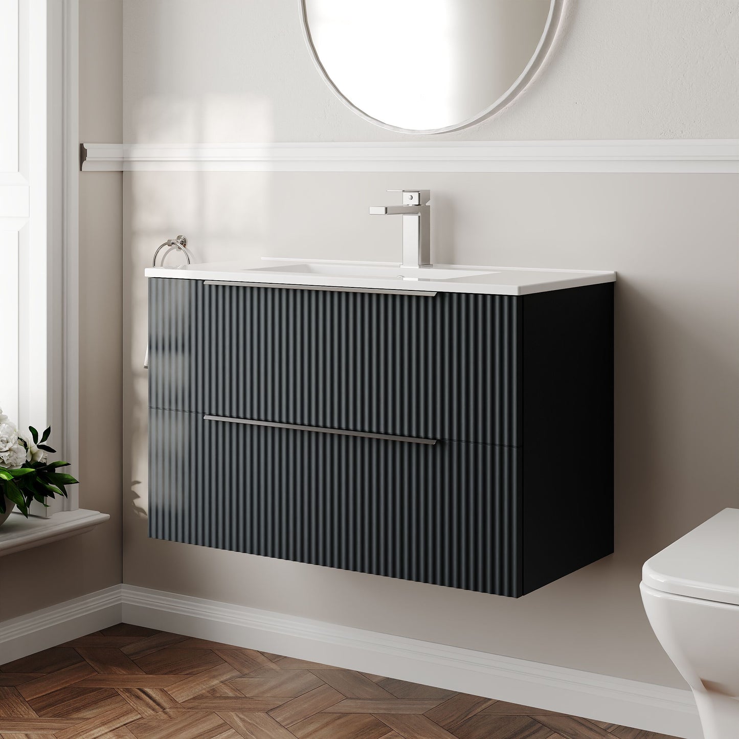 Hudson Reed Fluted 800mm Soft Black Wall Hung 2-Drawer Vanity Unit With Basin