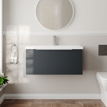 Balterley Fluted Wall Hung 1 Drawer Vanity Basin Unit with Ceramic Basin 800mm - Dark Grey