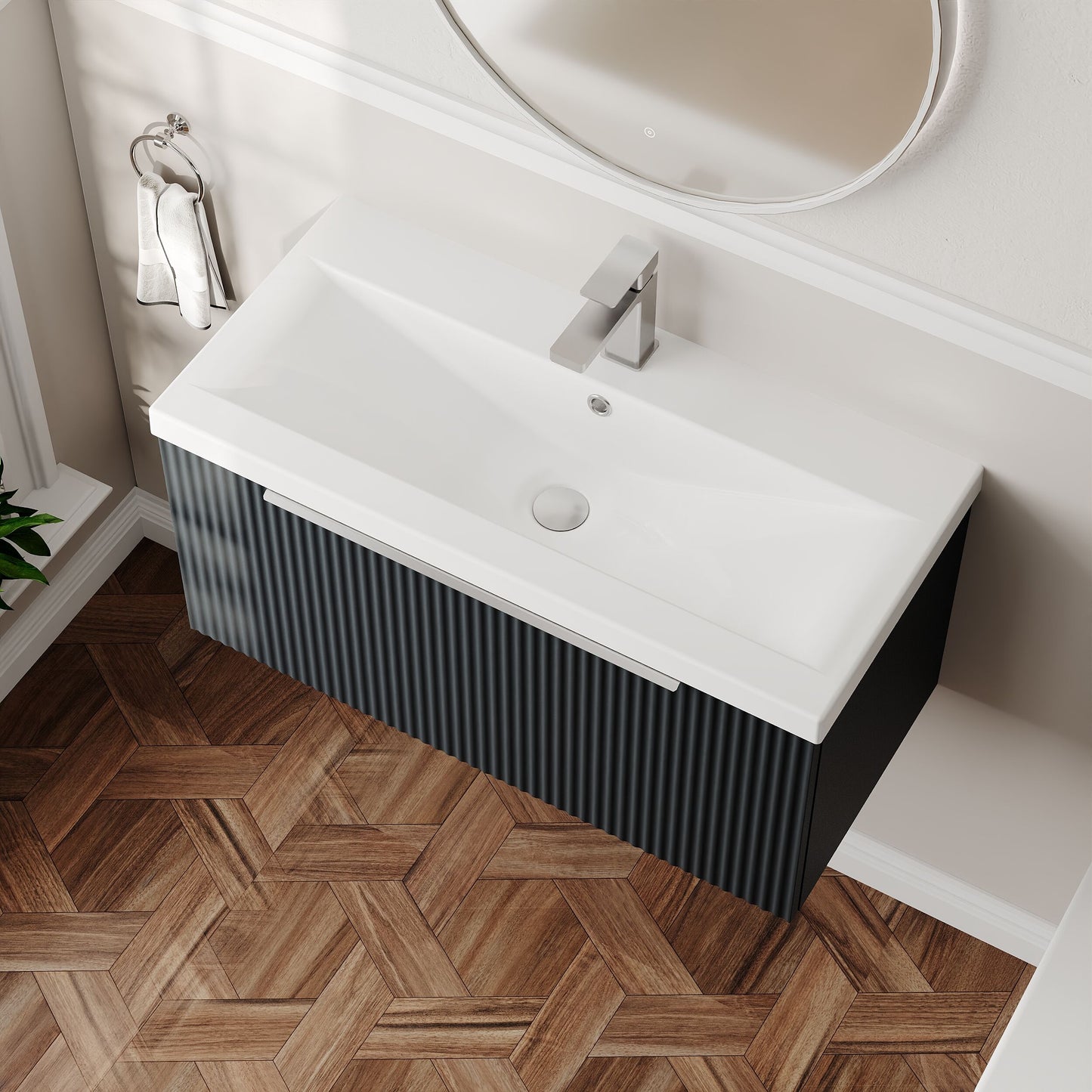 Balterley Fluted Wall Hung 1 Drawer Vanity Basin Unit with Ceramic Basin 800mm - Dark Grey