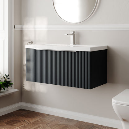 Balterley Fluted Wall Hung 1 Drawer Vanity Basin Unit with Ceramic Basin 800mm - Dark Grey