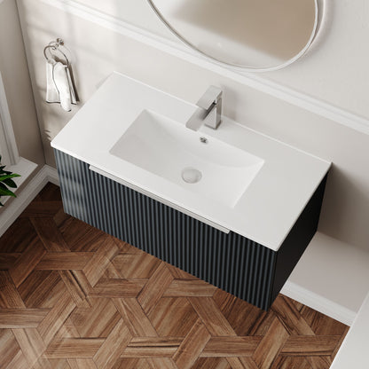 Hudson Reed Fluted 800mm Soft Black Wall Hung Single Drawer Vanity Unit With Ceramic Basin