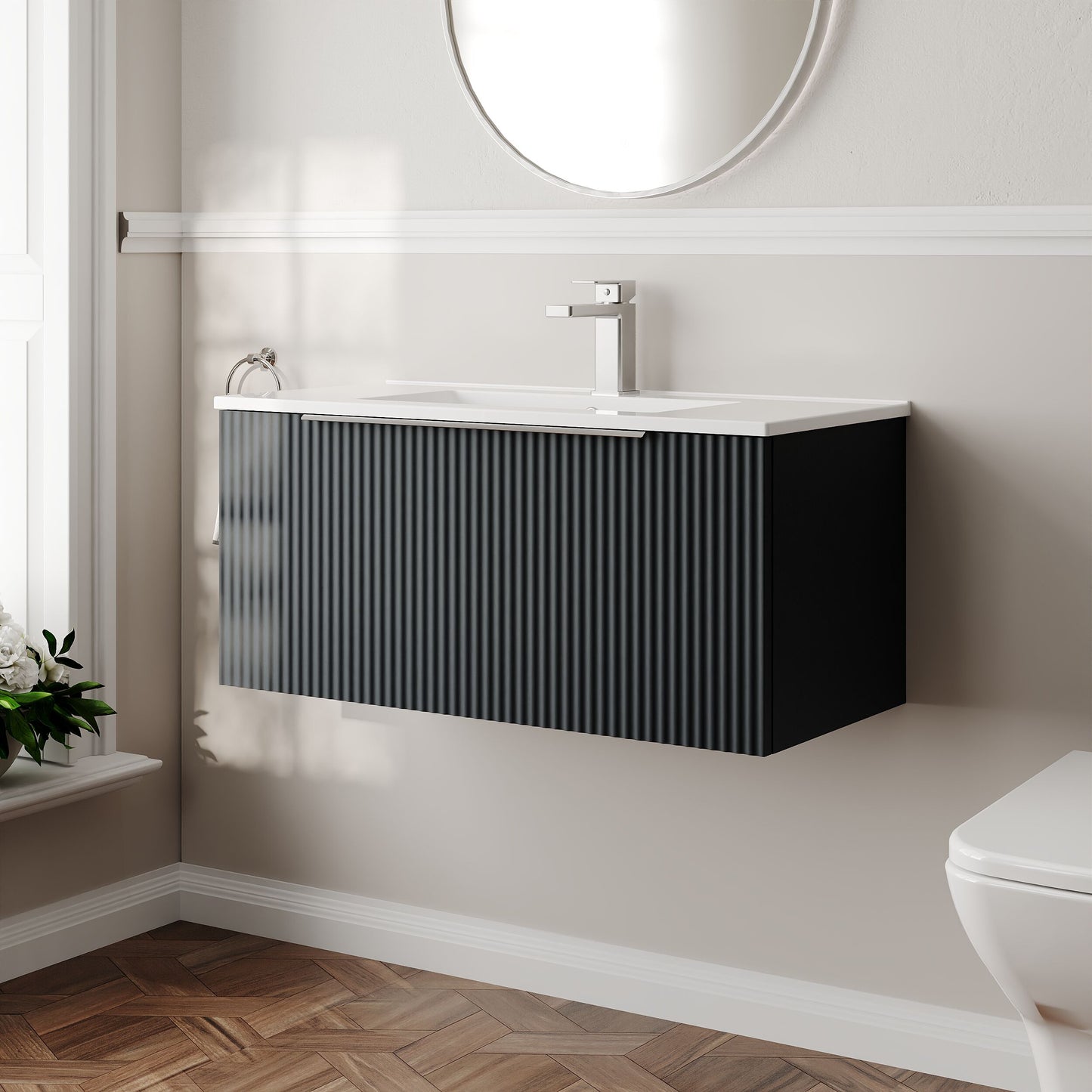 Hudson Reed Fluted 800mm Soft Black Wall Hung Single Drawer Vanity Unit With Ceramic Basin