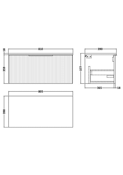 Hudson Reed Fluted 800mm Soft Black Wall Hung Single Drawer Vanity With Worktop