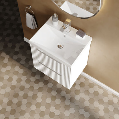 Hudson Reed Fluted 510mm Satin White Wall Hung 2-Drawer Vanity Unit Including Basin