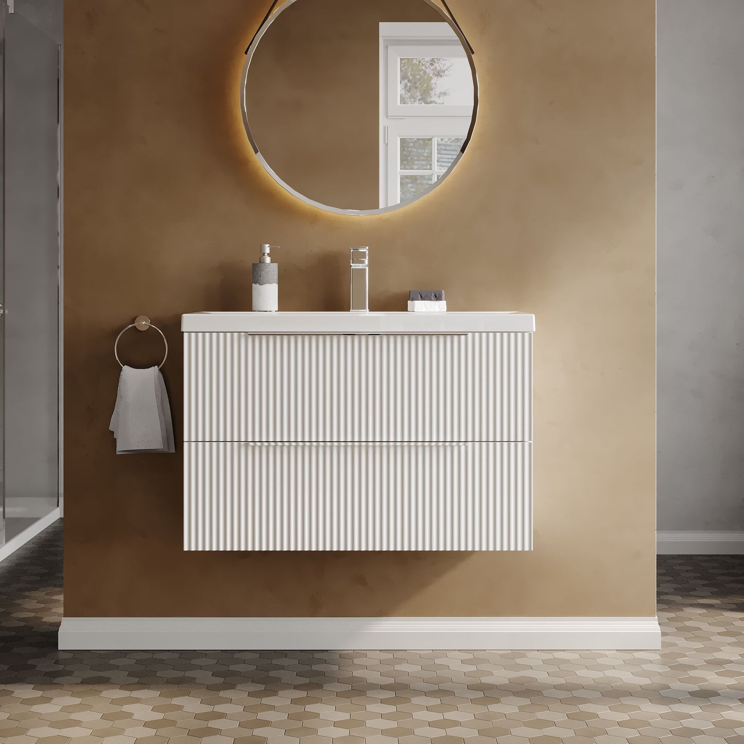 Balterley Fluted Wall Hung 2 Drawer Vanity Basin Unit with Double Polymarble Basin 800mm - Satin White