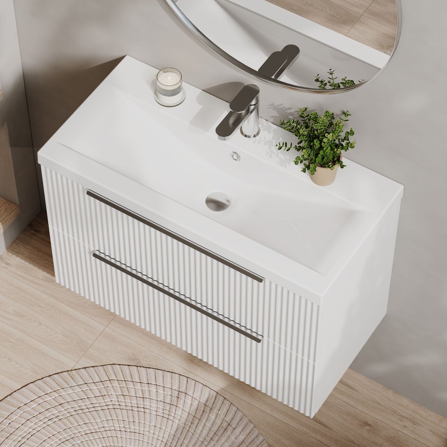 Balterley Fluted Wall Hung 2 Drawer Vanity Basin Unit with Double Polymarble Basin 800mm - Satin White