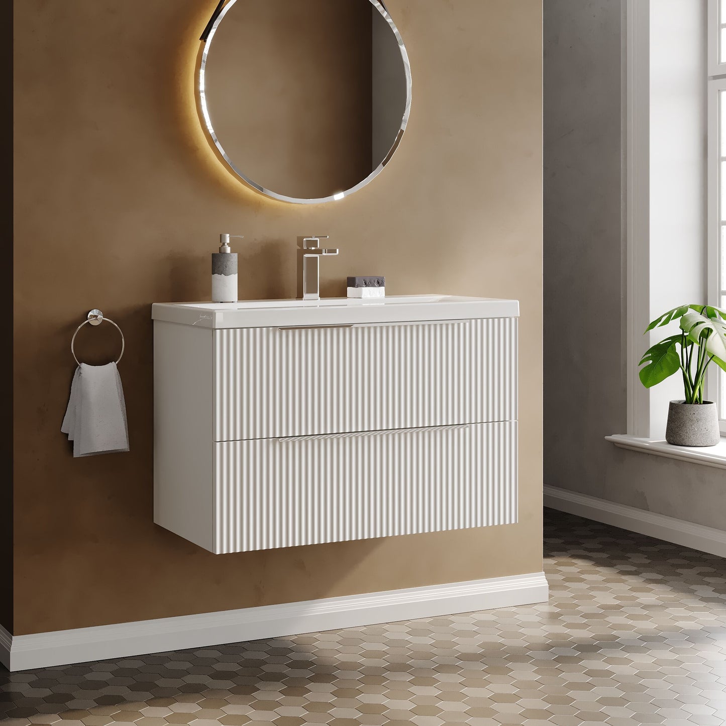 Balterley Fluted Wall Hung 2 Drawer Vanity Basin Unit with Double Polymarble Basin 800mm - Satin White