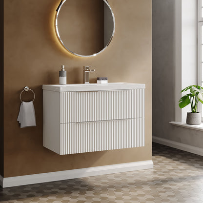 Balterley Fluted Wall Hung 2 Drawer Vanity Basin Unit with Double Polymarble Basin 800mm - Satin White