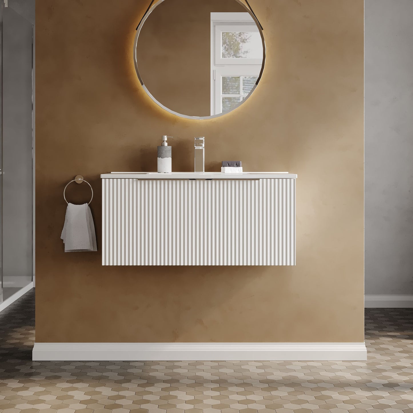 Hudson Reed Fluted 800mm Wall Hung Single Drawer Vanity With Ceramic Basin