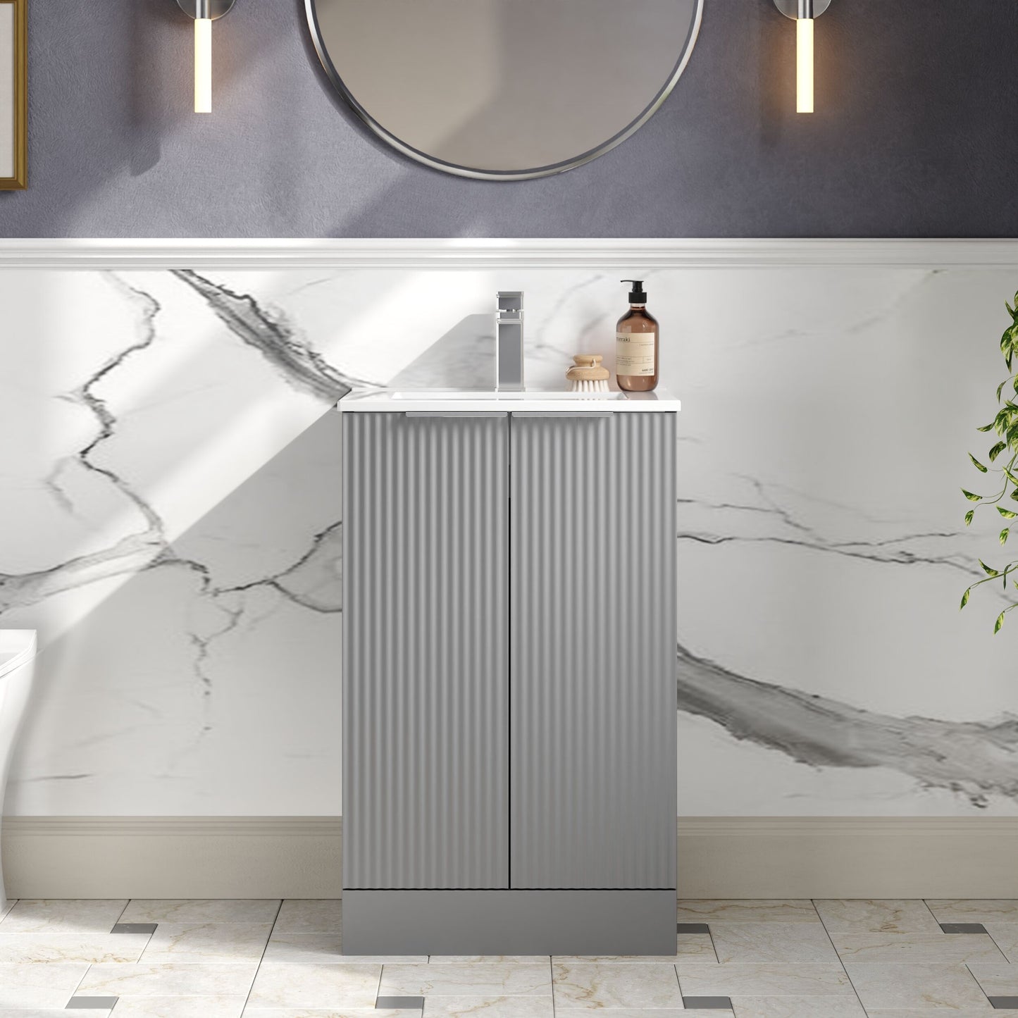 Hudson Reed Fluted 500mm Satin Grey Floor Standing 2-Door Vanity Unit With Basin