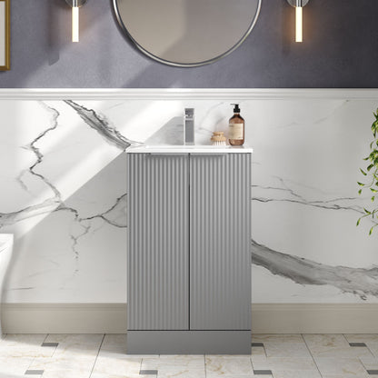 Hudson Reed Fluted 500mm Satin Grey Floor Standing 2-Door Vanity Unit With Basin