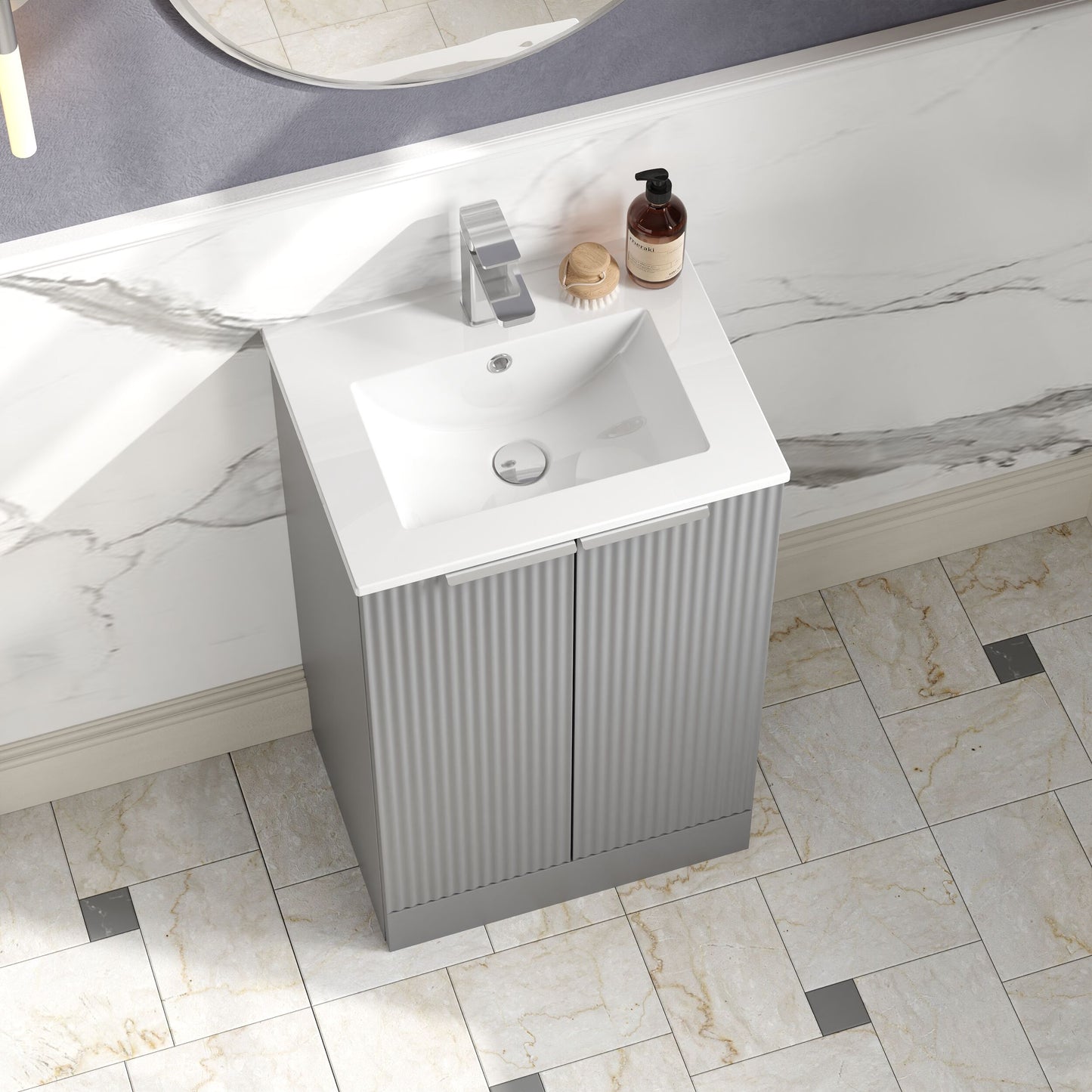 Hudson Reed Fluted 500mm Satin Grey Floor Standing 2-Door Vanity Unit With Basin