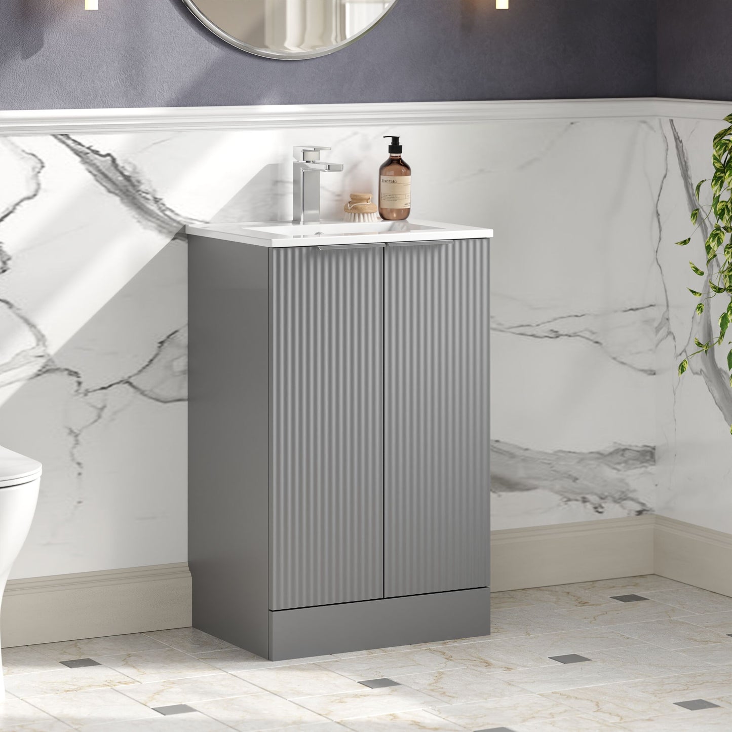 Hudson Reed Fluted 500mm Satin Grey Floor Standing 2-Door Vanity Unit With Basin