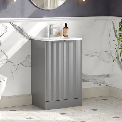 Hudson Reed Fluted 500mm Satin Grey Floor Standing 2-Door Vanity Unit With Basin