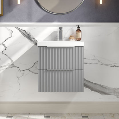 Hudson Reed Fluted 500mm Wall Hung Satin Grey 2-Drawer Vanity Unit with Thin-Edge Basin