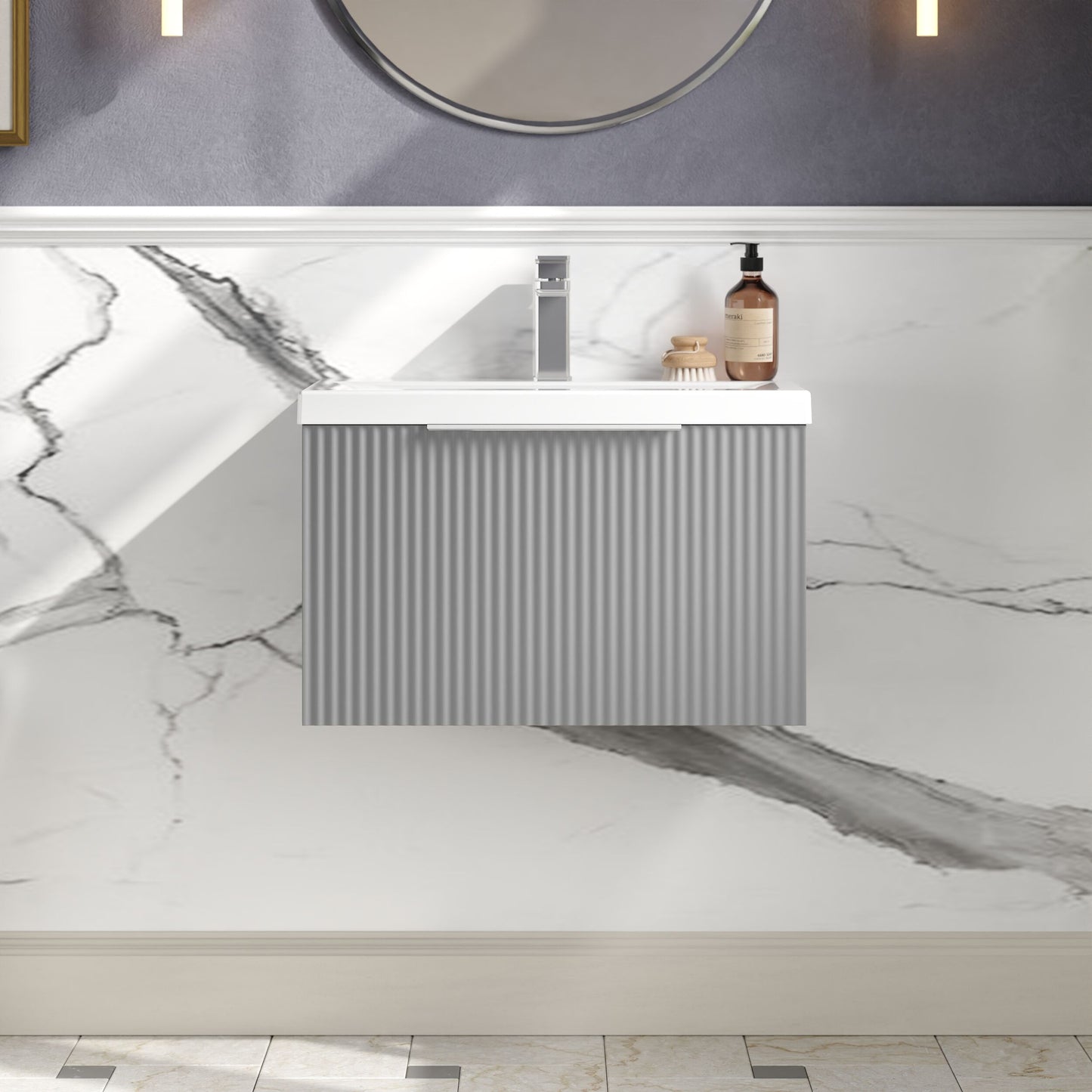 Balterley Fluted Wall Hung 1 Drawer Vanity Basin Unit with Ceramic Basin 600mm - Satin Grey