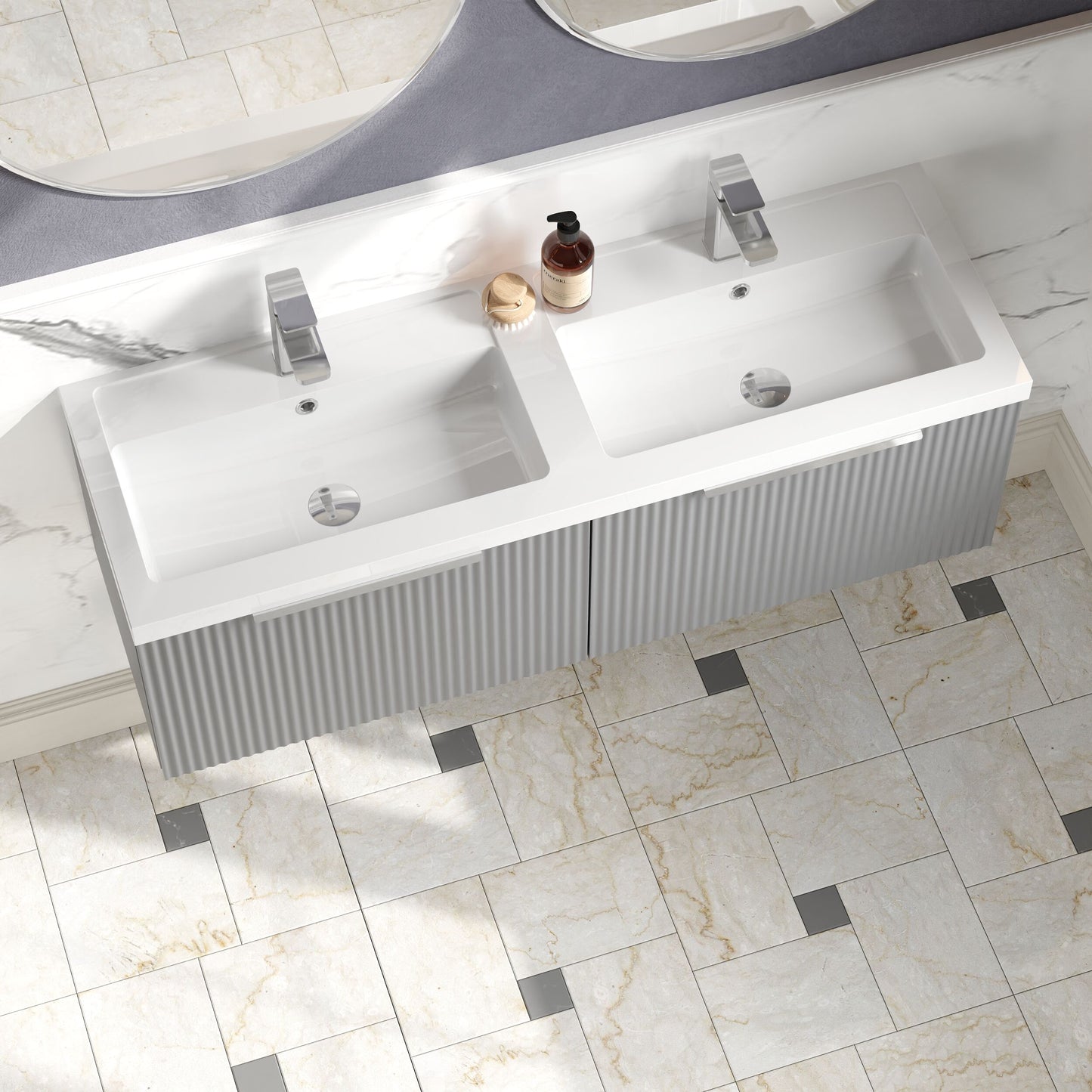 Balterley Fluted Wall Hung 2 Drawer Vanity Basin Unit with Double Polymarble Basin 1200mm - Satin Grey