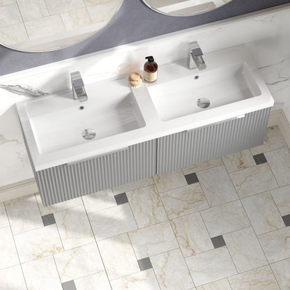 Balterley Fluted Wall Hung 2 Drawer Vanity Basin Unit with Double Polymarble Basin 1200mm - Satin Grey