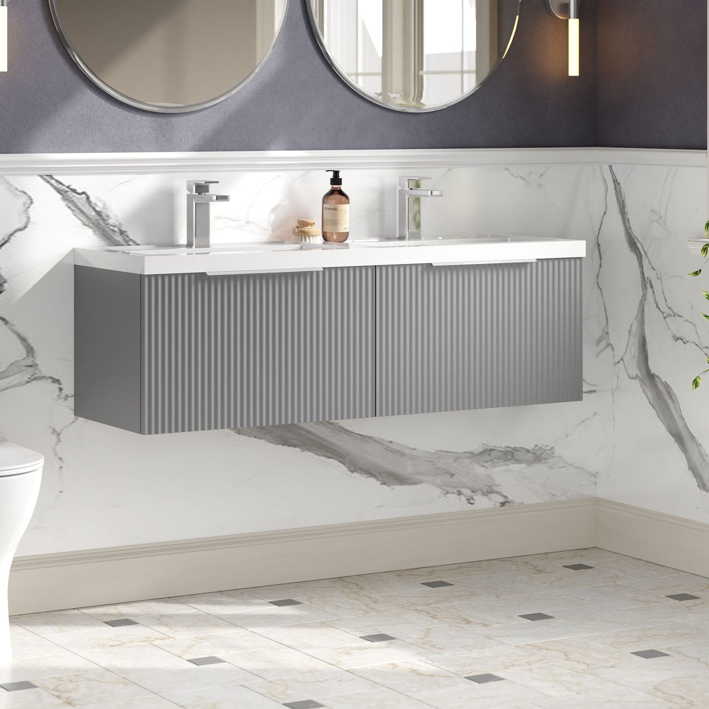 Balterley Fluted Wall Hung 2 Drawer Vanity Basin Unit with Double Polymarble Basin 1200mm - Satin Grey