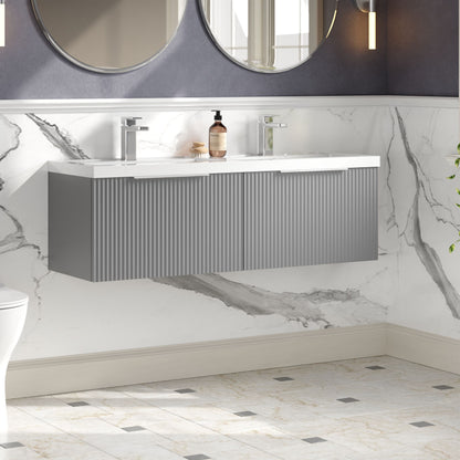 Balterley Fluted Wall Hung 2 Drawer Vanity Basin Unit with Double Polymarble Basin 1200mm - Satin Grey