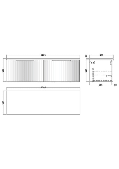 Hudson Reed Fluted 1200mm Wall Hung 2-Drawer Vanity Unit With Laminate Worktop