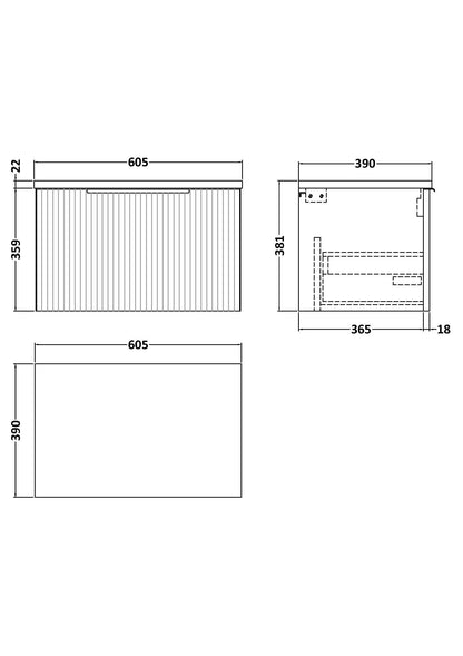 Hudson Reed Fluted 600mm Wall Hung Single Drawer Vanity With Laminate Top