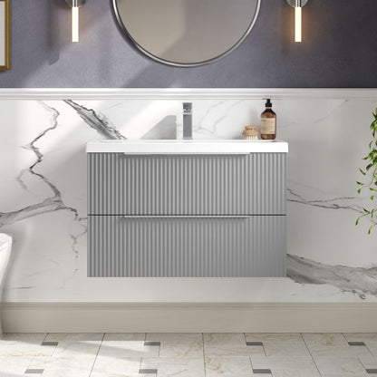 Balterley Fluted Wall Hung 2 Drawer Vanity Basin Unit with Ceramic Basin 800mm - Satin Grey