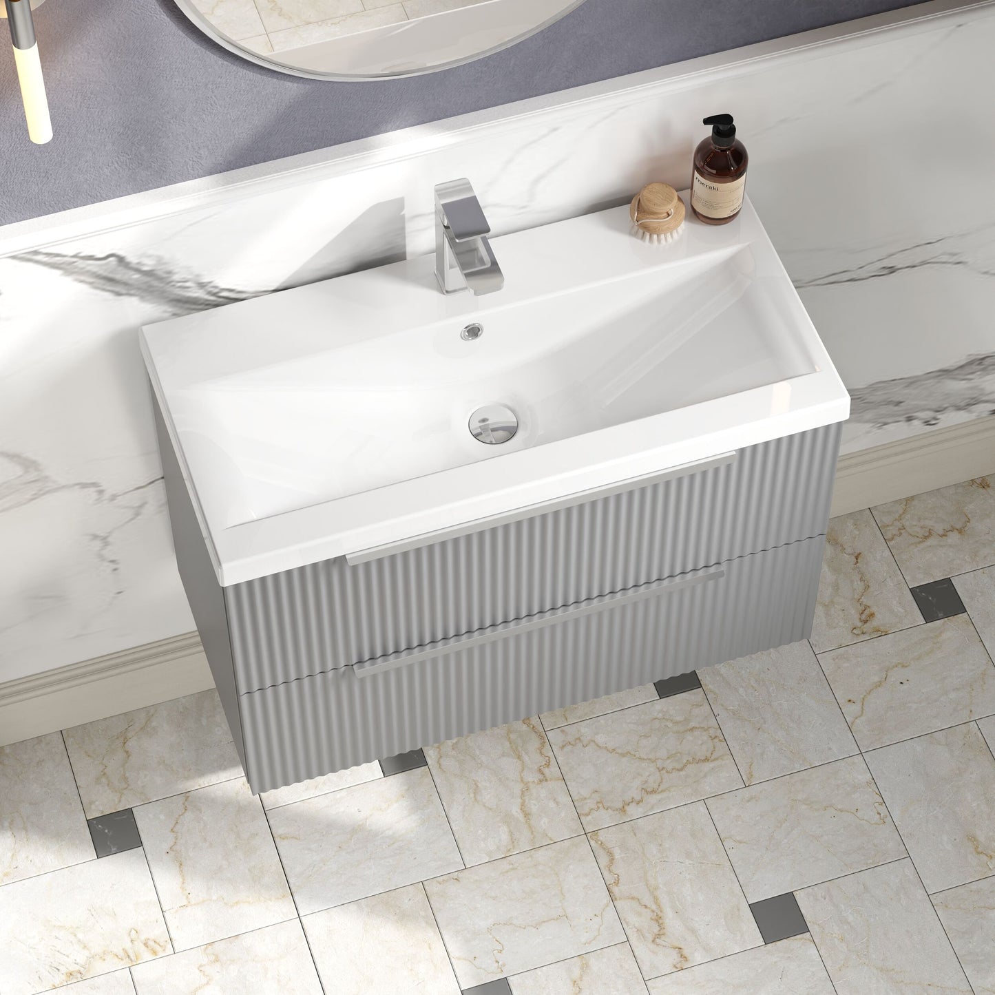 Balterley Fluted Wall Hung 2 Drawer Vanity Basin Unit with Ceramic Basin 800mm - Satin Grey