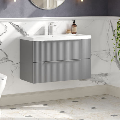 Balterley Fluted Wall Hung 2 Drawer Vanity Basin Unit with Ceramic Basin 800mm - Satin Grey