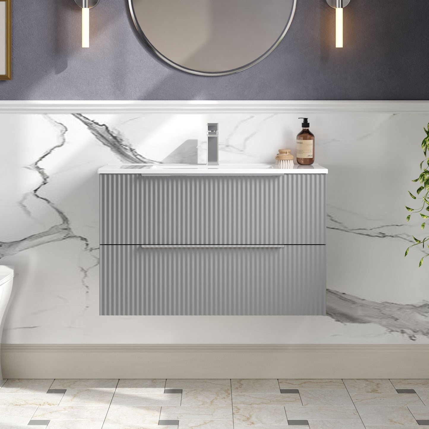 Hudson Reed Fluted 800mm Satin Grey Wall Hung 2-Drawer Vanity Unit With Basin