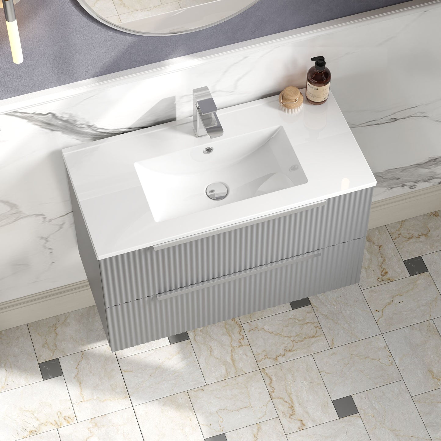 Hudson Reed Fluted 800mm Satin Grey Wall Hung 2-Drawer Vanity Unit With Basin