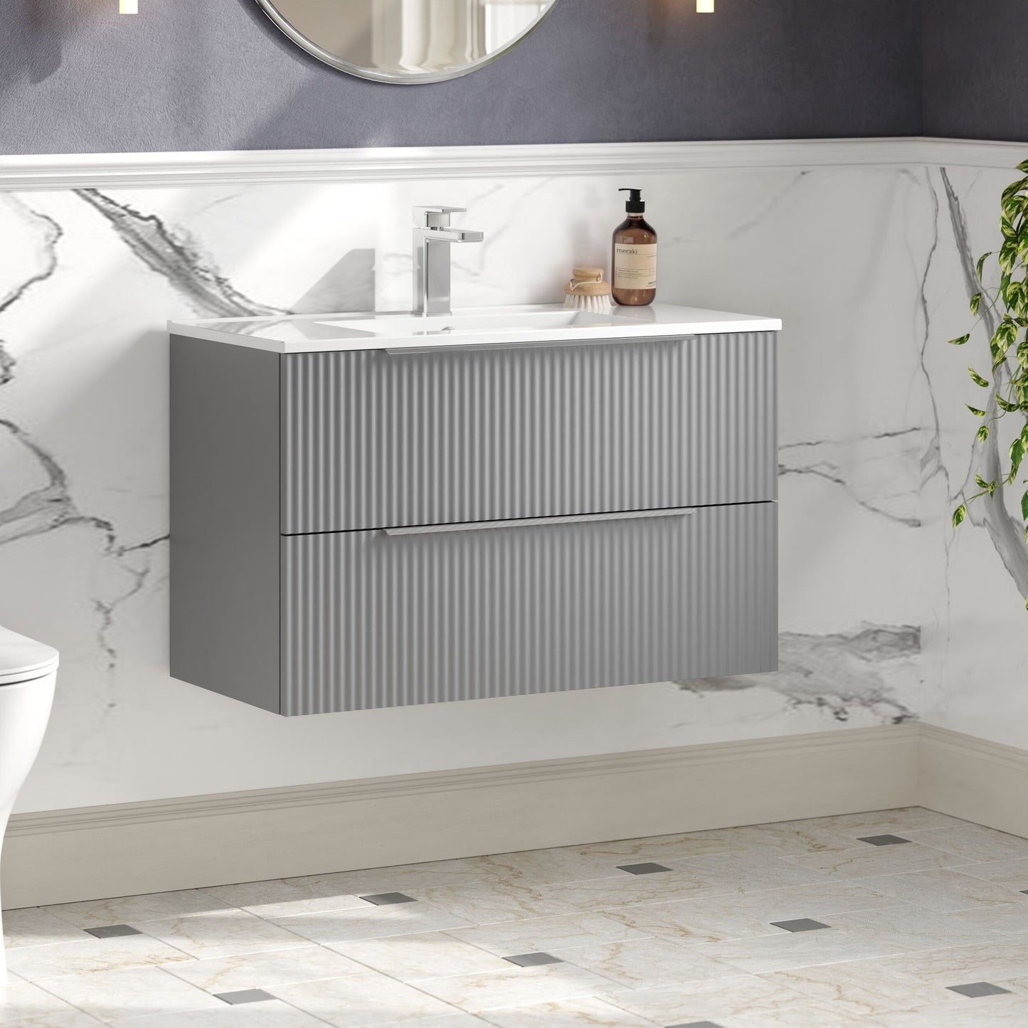 Hudson Reed Fluted 800mm Satin Grey Wall Hung 2-Drawer Vanity Unit With Basin