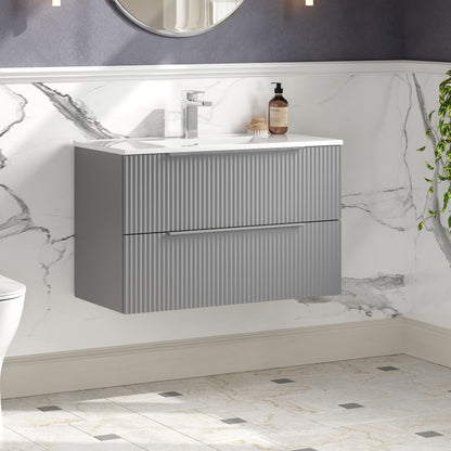 Hudson Reed Fluted 800mm Satin Grey Wall Hung 2-Drawer Vanity Unit With Basin