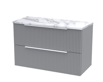 Hudson Reed Fluted 800mm Wall Hung 2-Drawer Satin Grey Vanity Unit With Laminate Worktop
