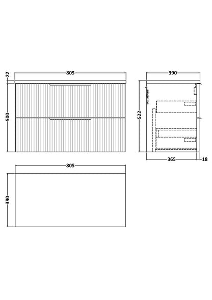 Hudson Reed Fluted 800mm Wall Hung 2-Drawer Satin Grey Vanity Unit With Laminate Worktop