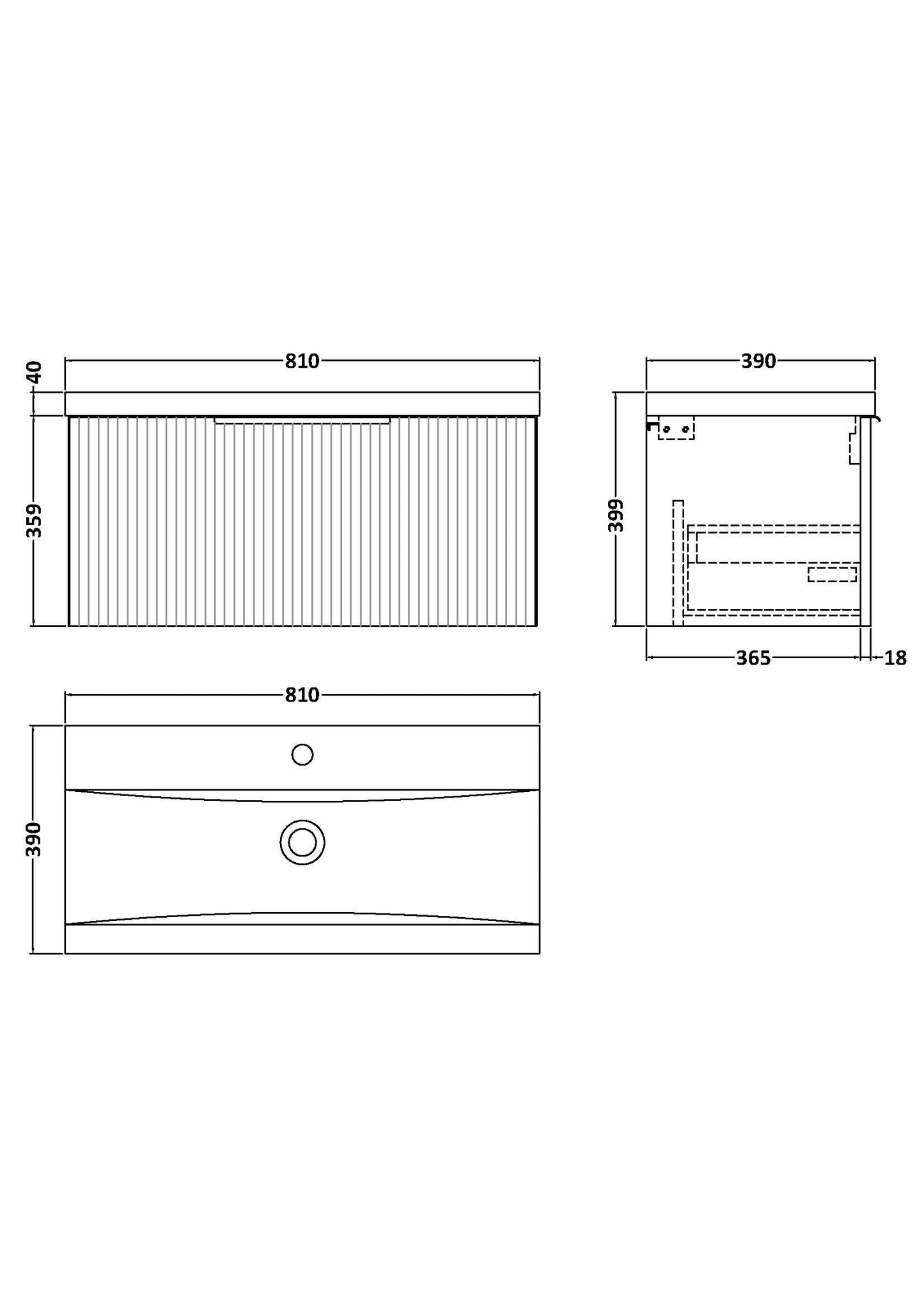 Balterley Fluted Wall Hung 1 Drawer Vanity Basin Unit with Ceramic Basin 800mm - Satin Grey