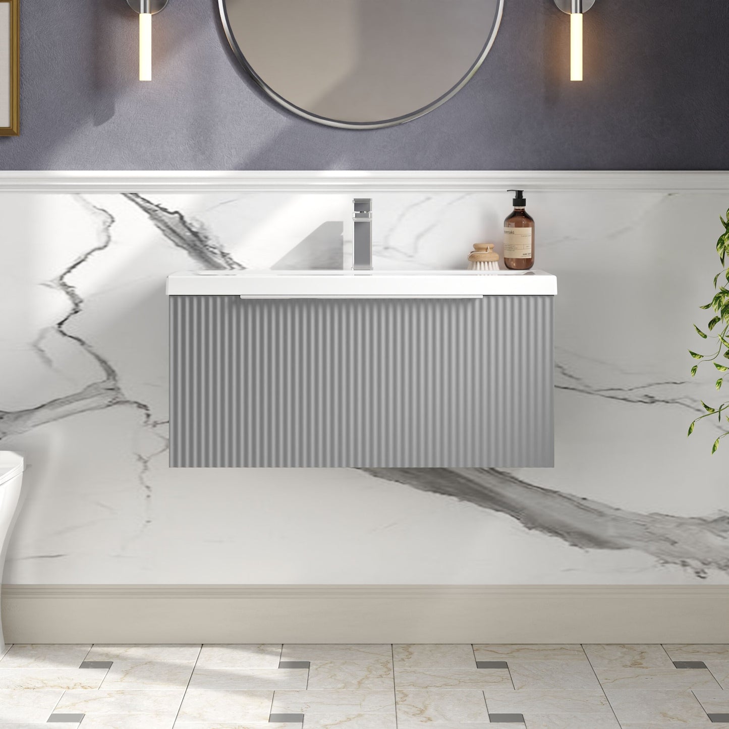 Balterley Fluted Wall Hung 1 Drawer Vanity Basin Unit with Ceramic Basin 800mm - Satin Grey