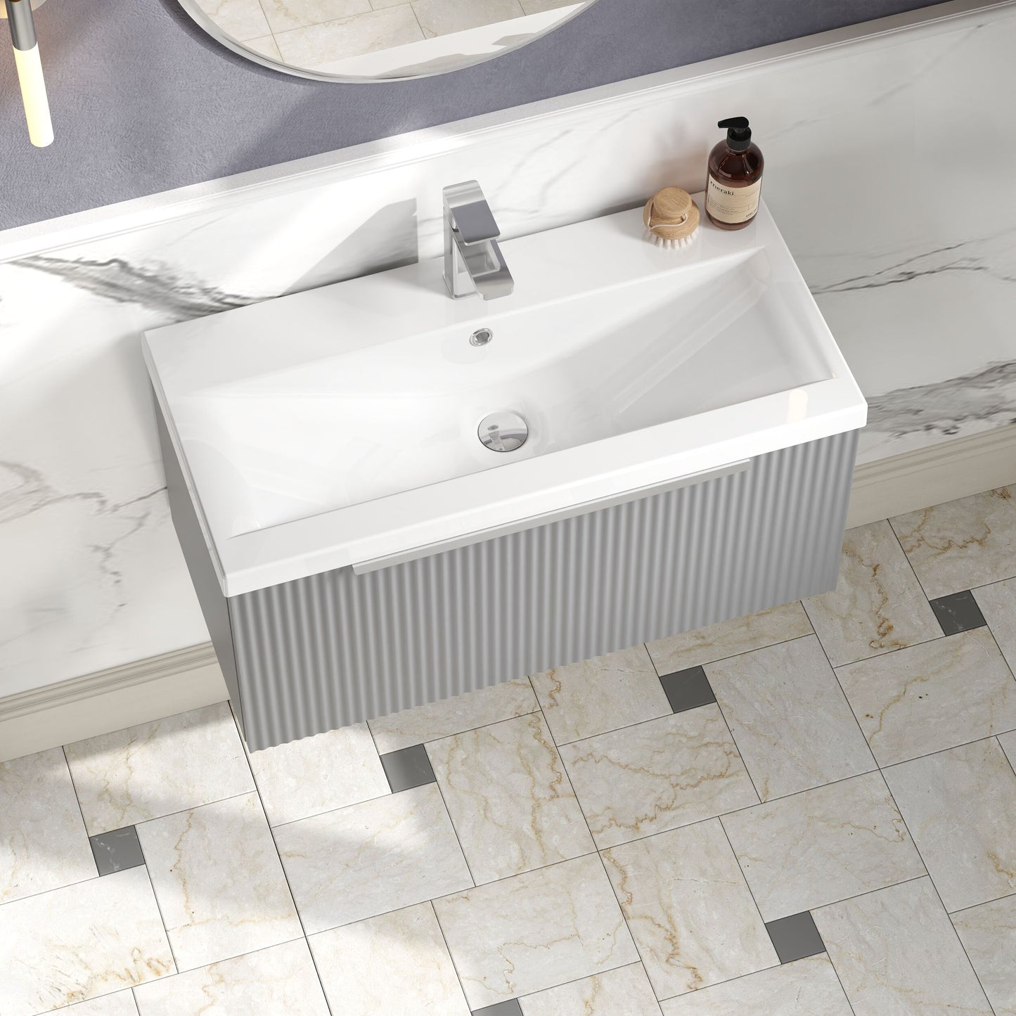 Balterley Fluted Wall Hung 1 Drawer Vanity Basin Unit with Ceramic Basin 800mm - Satin Grey