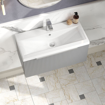 Balterley Fluted Wall Hung 1 Drawer Vanity Basin Unit with Ceramic Basin 800mm - Satin Grey