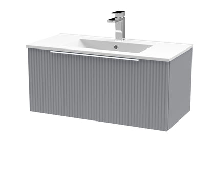 Hudson Reed Fluted 800mm Satin Grey Wall Hung Single Drawer Vanity Unit With Ceramic Basin