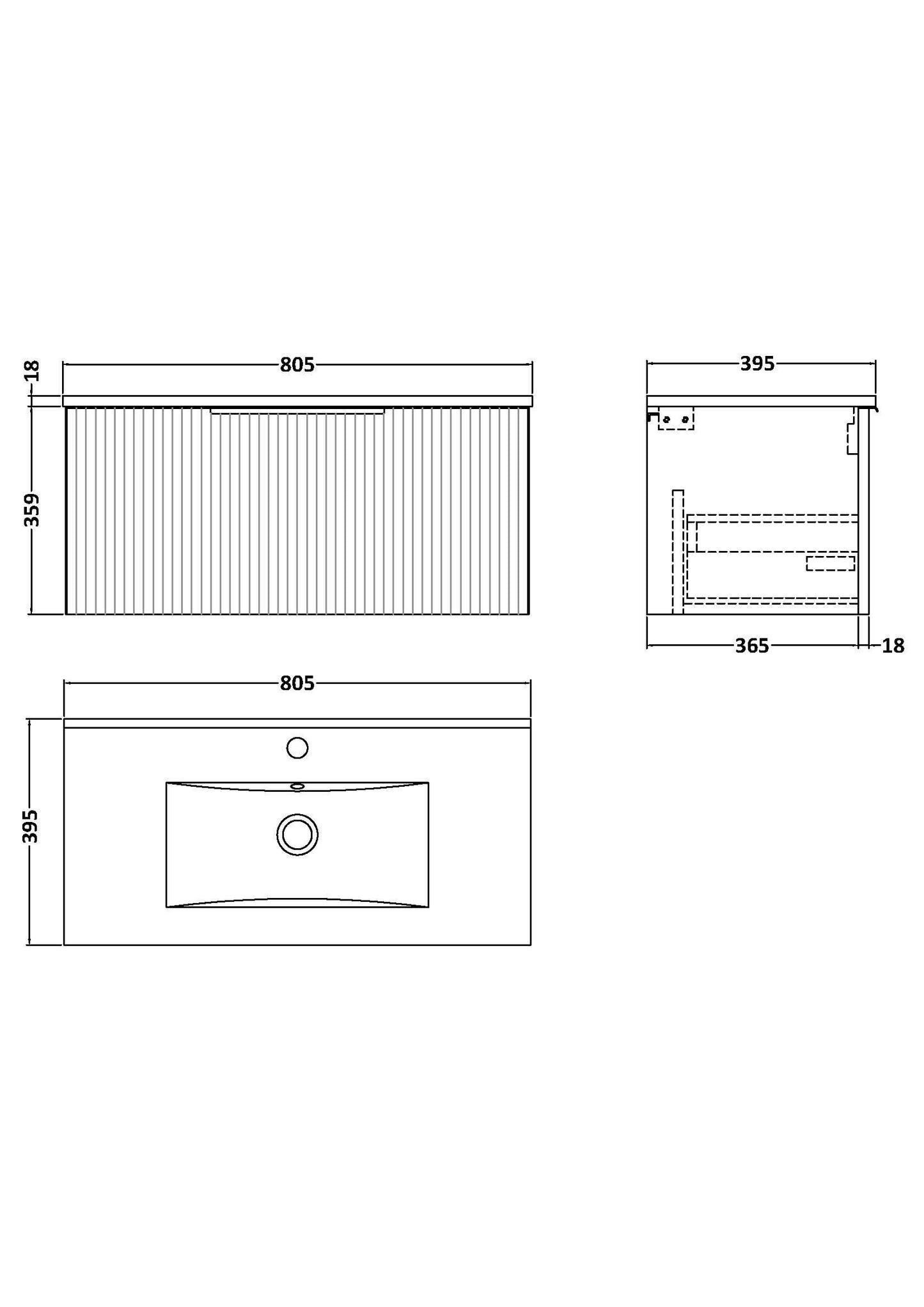 Hudson Reed Fluted 800mm Satin Grey Wall Hung Single Drawer Vanity Unit With Ceramic Basin