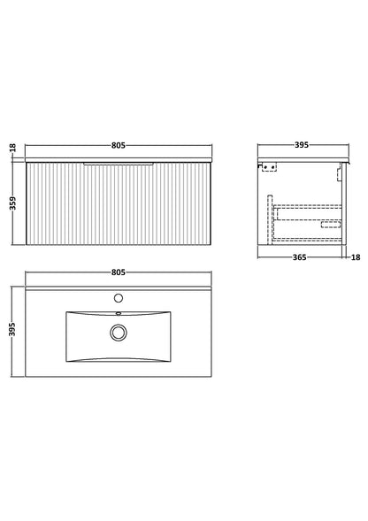 Hudson Reed Fluted 800mm Satin Grey Wall Hung Single Drawer Vanity Unit With Ceramic Basin