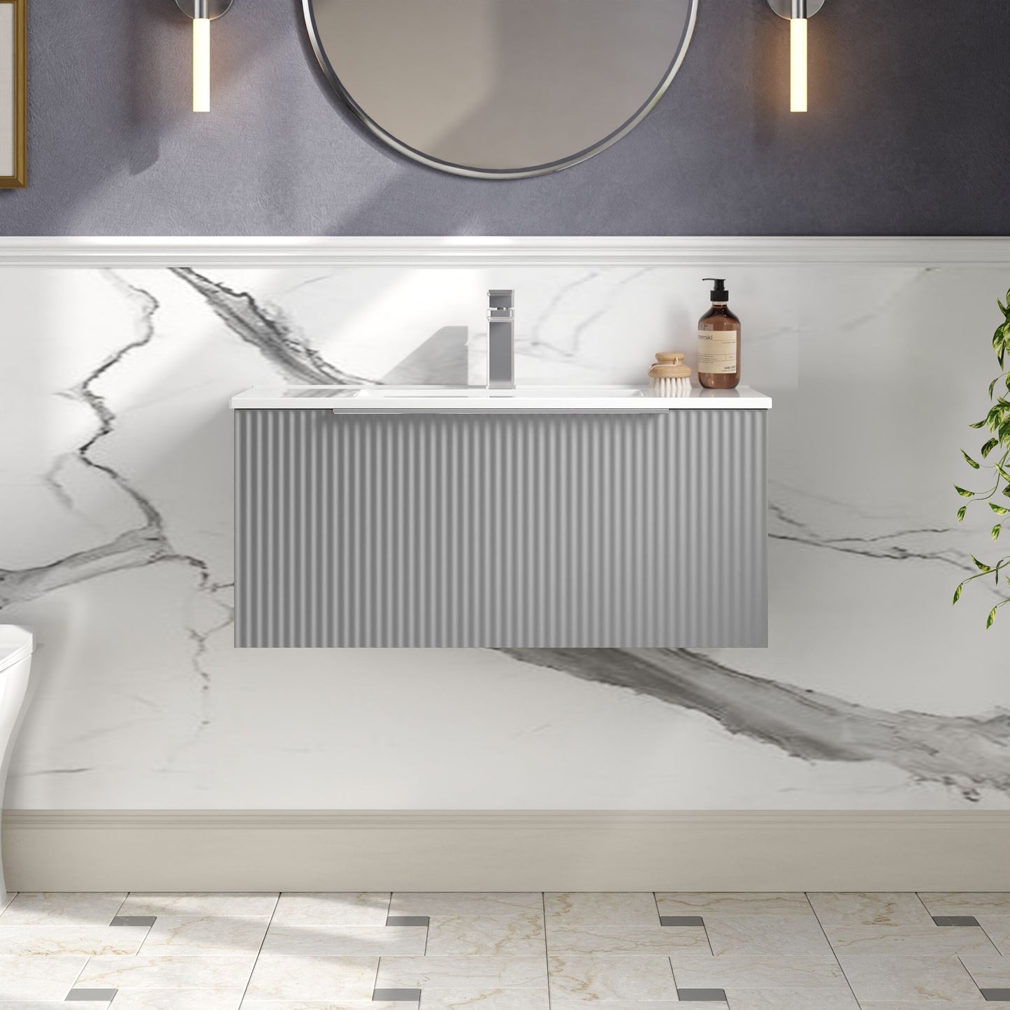 Hudson Reed Fluted 800mm Satin Grey Wall Hung Single Drawer Vanity Unit With Ceramic Basin