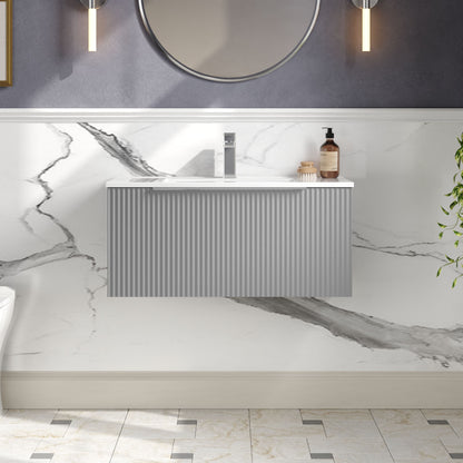 Hudson Reed Fluted 800mm Satin Grey Wall Hung Single Drawer Vanity Unit With Ceramic Basin