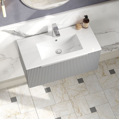 Hudson Reed Fluted 800mm Satin Grey Wall Hung Single Drawer Vanity Unit With Ceramic Basin